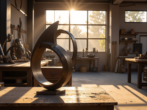 现代城市雕塑，不锈钢材质，流线型设计，阳光照射下闪闪发光