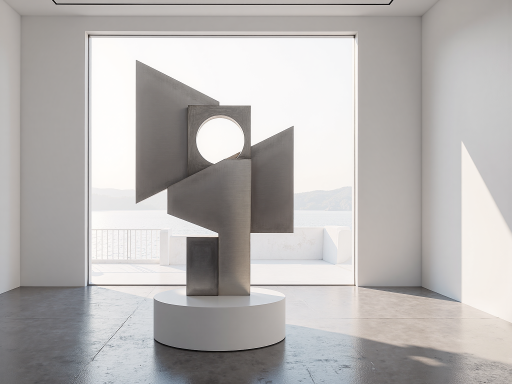 园林景观雕塑，抽象几何造型，不锈钢材质，与绿植相映成趣